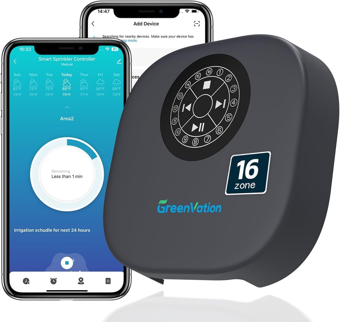 Smart Sprinkler Controller, 16-Zone/Station Irrigation System with APP Remote Control, GreenVation 2.4G/5GHz WiFi Water Timer for Outdoor Garden/Yard/Lawns