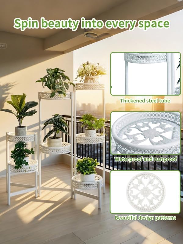 7 Tier Plant Stand Indoor Outdoor, Corner Tiered Plant Stands, Planter Display Rack for Multiple Plants, Wrought Iron Flower Stand, Folding Tall Plant Rack Shelf for House Patio Garden - WhiteWave