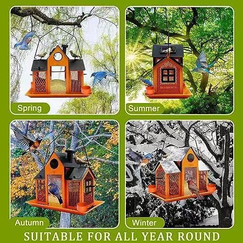 Solar Bird Feeders House for Outside Hanging, Metal Wild Bird Feeder for Outdoors, Large Cardinal Bird Feeder Birdhouses Orange