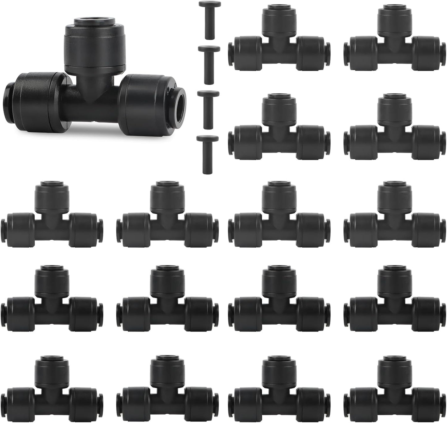 30Pcs 1/4'' Drip Irrigation Tee Connectors with 4Pcs Plugs, Kalolary Drip Irrigation Fittings for 4/7mm Irrigation Tubing 3 Hose Quick Connectors Leak Free Splitter Fitting for Water Irrigation System