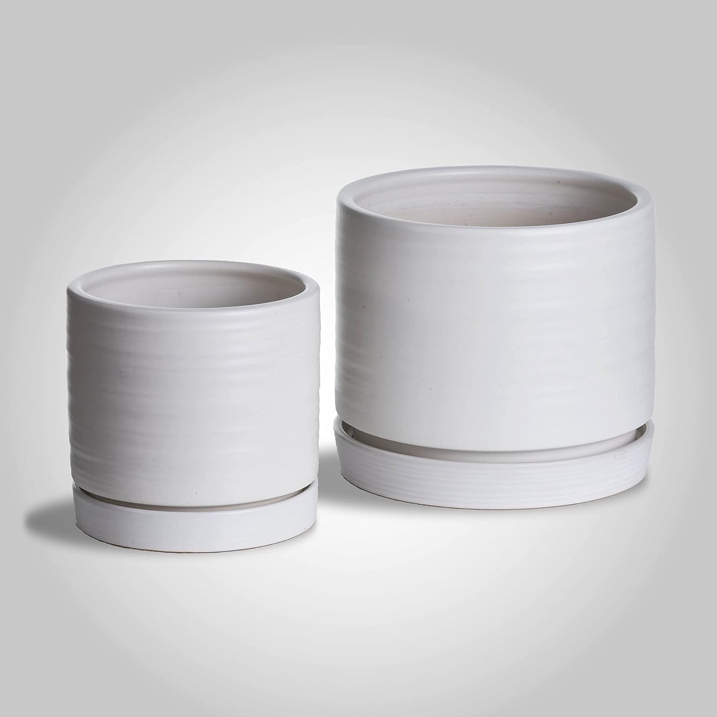 6 + 8 Inch Plant Pots, Ceramic Planter Pot with Drainage Hole & Saucer, Indoor/Outdoor Cylinder Round Planter Pot, Matte White