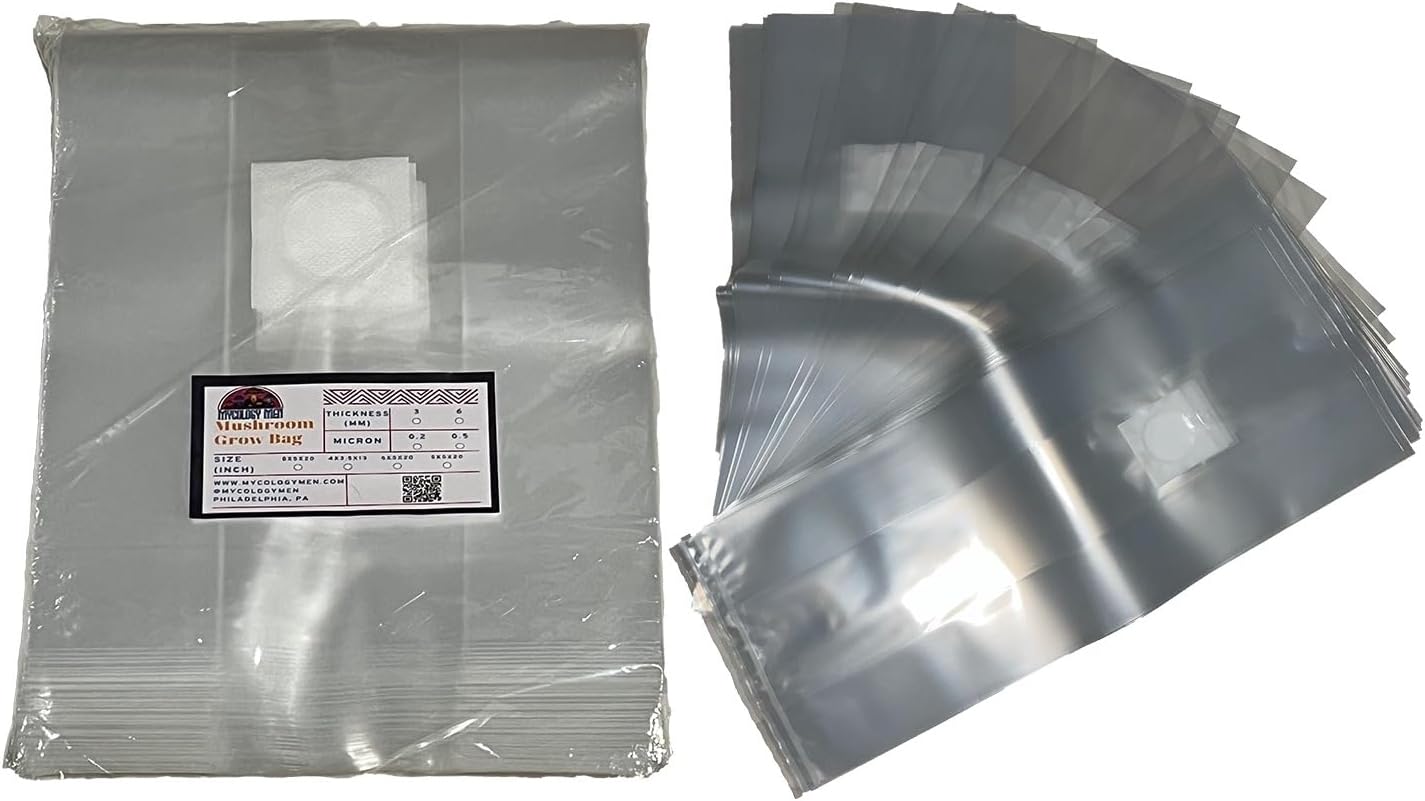 Premium 8x5x20 inch Mushroom Grow Bags 50-Pack, 0.2 Micron 3mm Thick, Indoor, Transparent
