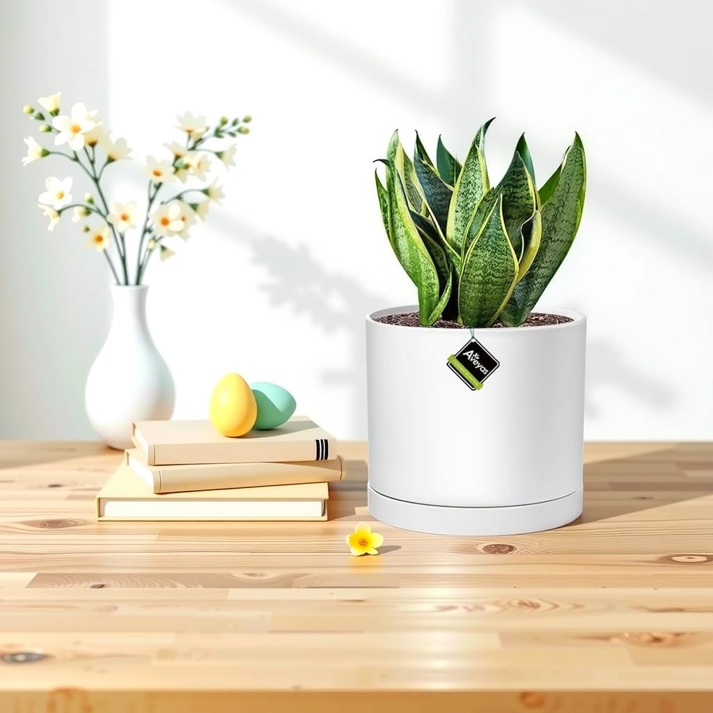 Aveyas 8 inch Ceramic Plant Pot with Drainage Hole and Saucer - Suitable for Indoor and Outdoor Use, Modern Planters for House Garden Flower Tree Snake Monstera Plants (8", Matte White)
