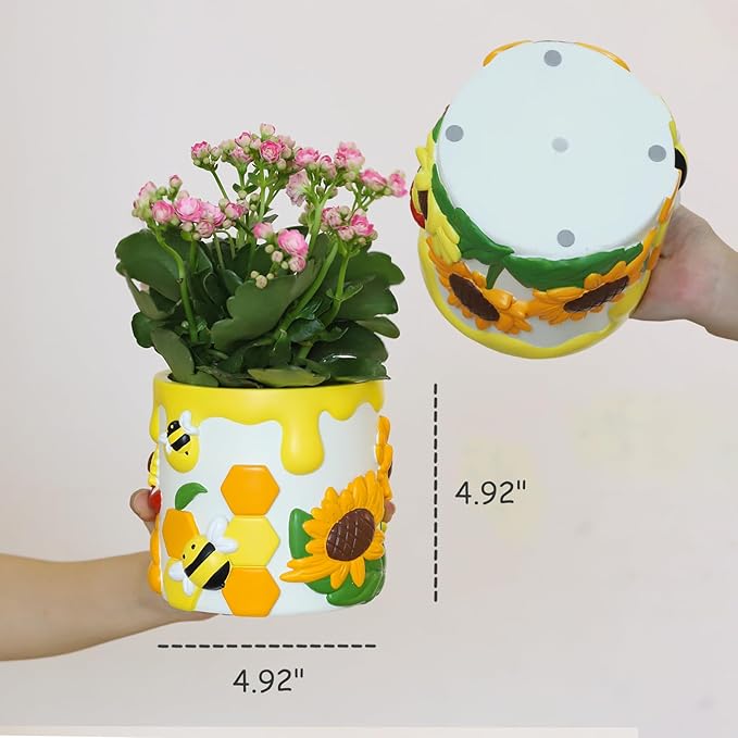 GUGUGO Colorful Bees and Sunflowers Plant Pots, Cute Unique Succulent Planters with Drainage, Rainbow Small Mushrooms Flower Planters Pots for Indoor Plants, Funny Eclectic Home Decor