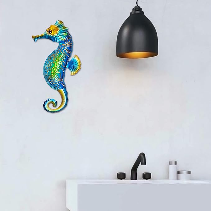 John's Studio Seahorse Sea Wall Decor Outdoor Metal Garden Hanging Art Glass Sculptures Home Ocean Theme Decorations for Kitchen Bathroom and Pool