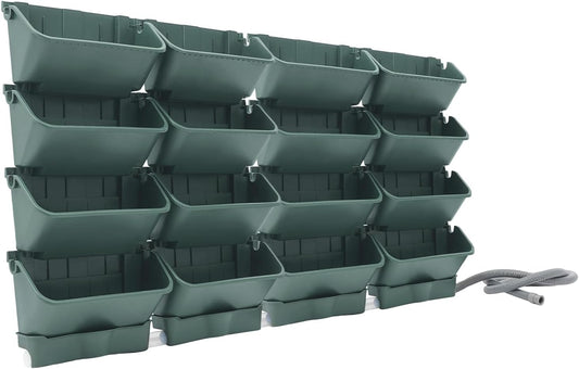 Vertical Wall Planter with 16 Pots, Hanging Garden Plant Flowerpot Holder, Stackable Wall-Mounted Planter, Balcony Planters for Flowers Vegetables Fruits (Army Green, 16 Pots+4 Drainage Planters&Pipe)