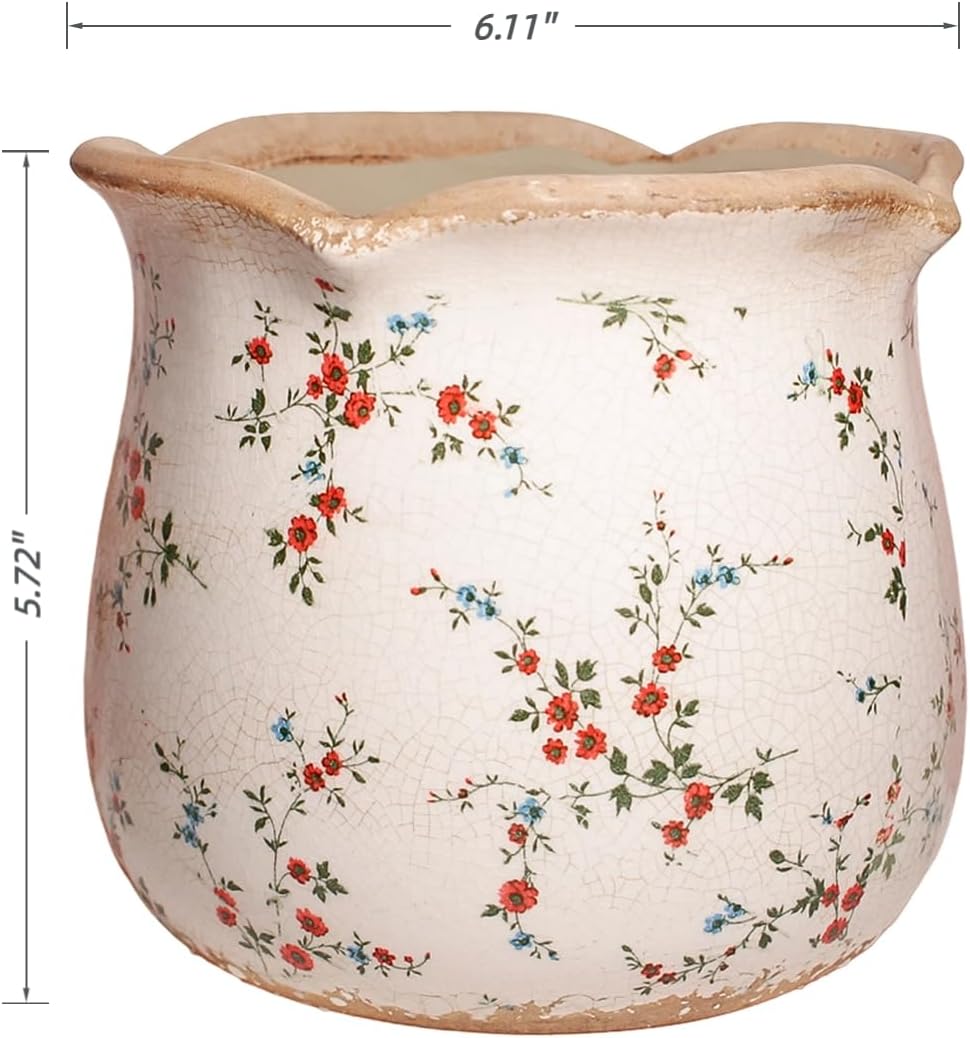 Ceramic Pots for Plants, Vintage Plant Pot with Drainage Hole, 6.11in. Planter for Indoor Plants, Crackle Glaze Finish Flower Pot, Perfect Tuscan Ceramic Planter for Gardening, Small Red Blooms