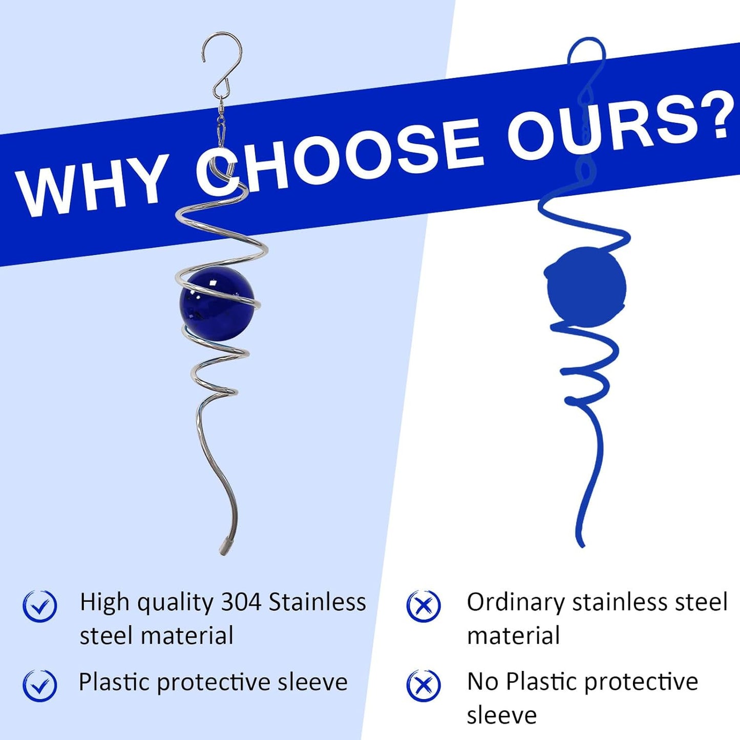 Gazing Ball Spiral Tail,Wind Spinner Tail with Dark Blue Glass Orb,Wind Spinners Stabilizer,Visual Illusion in Spinning Hanging Rotating Art Decor,Indoor Outdoor Garden Decoration-13in