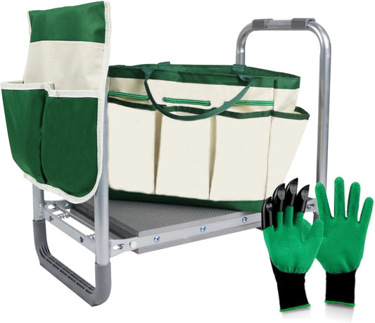 BDL Garden Kneeler Seat Foldable Durable Garden Stool with Tool Bag Pouch and Garden Gloves 330lb Capacity-Protects Your Knees, Clothes from Dirt & Grass Stains