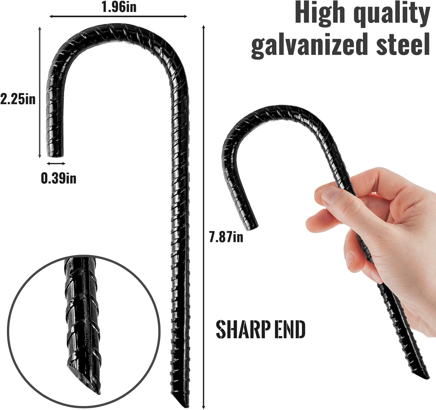 Pack 12 Heavy Duty J Hook Rebar Anchors, Tent Stakes, Steel Ground Anchors, Heavy Duty Garden Stakes for Chain Link Fence (Black)