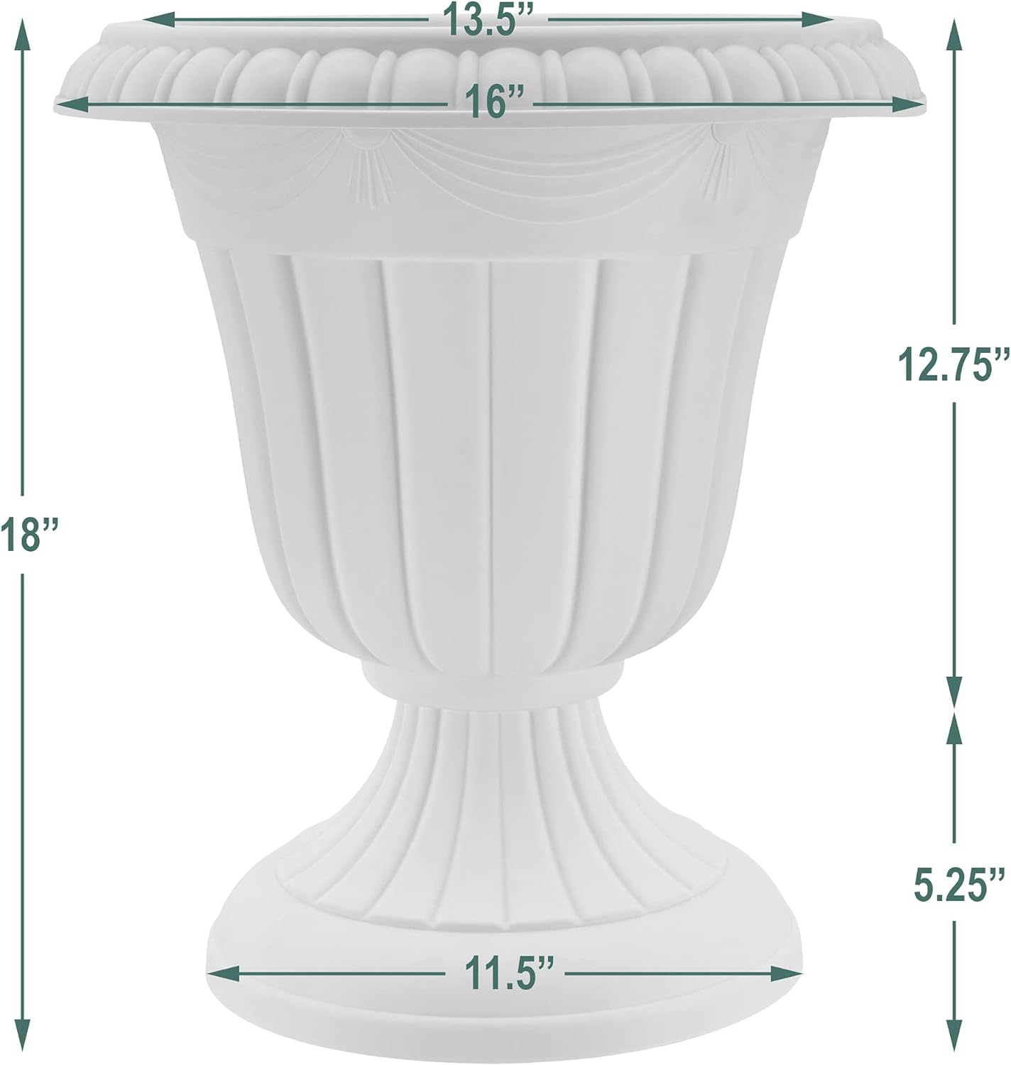 PL00CW Classic Traditional Plastic Urn Planter Indoor/Outdoor, 16" x 18", White Wash