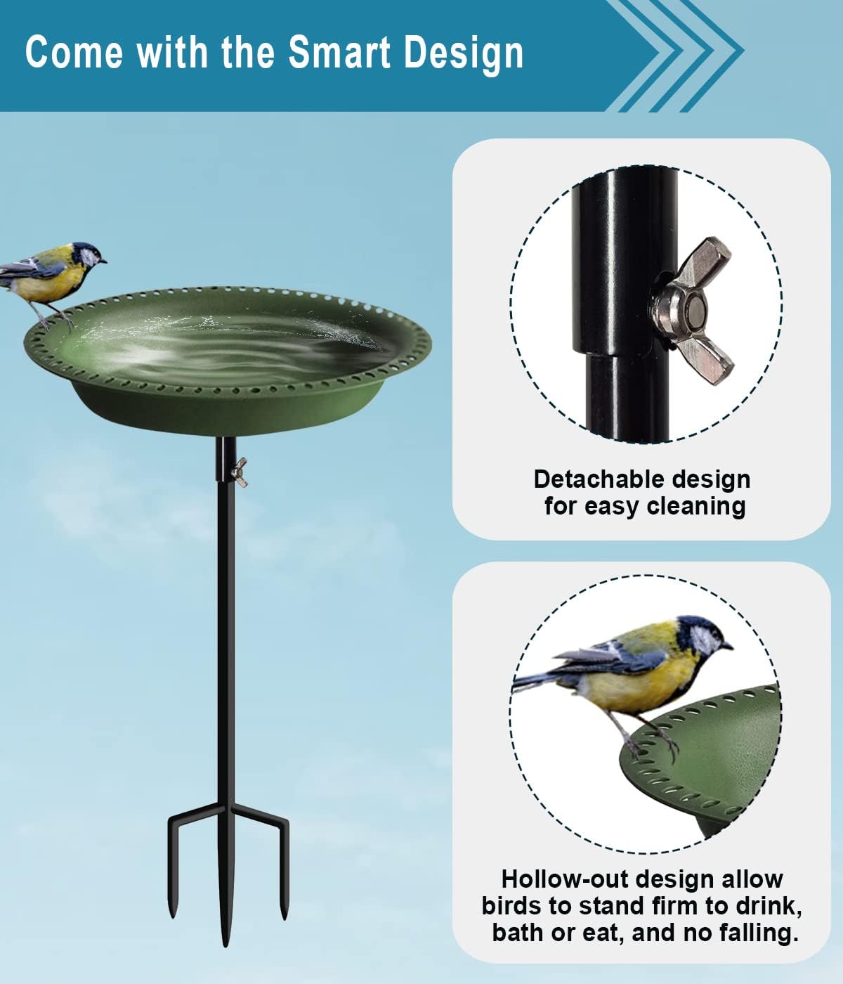 Koutemie 1-¼ Gallon Detachable Freestanding Garden Bird Bath Bird Feeder Bowl with Metal Stake for Outdoor, Deep Green, 29 Inch