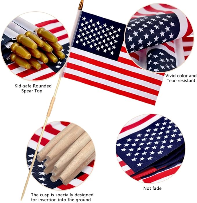 50 Pcs 12x18 Inch American Flags on Stick, American Flags, USA Stick Flag with Handheld and Grounded Multi-Purpose Flagpole, Design for Memorial Day, 4th of July, Veterans Day