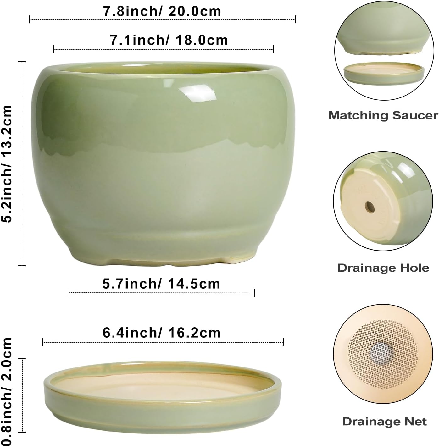 SQOWL 8 Inch Plant Pot - Ceramic Planters with Drainage Hole and Tray, Round Flower Pot for Indoor Plants, Modern Decorative Planters Outdoor, Garden Decor, Housewarming Gifts, Green