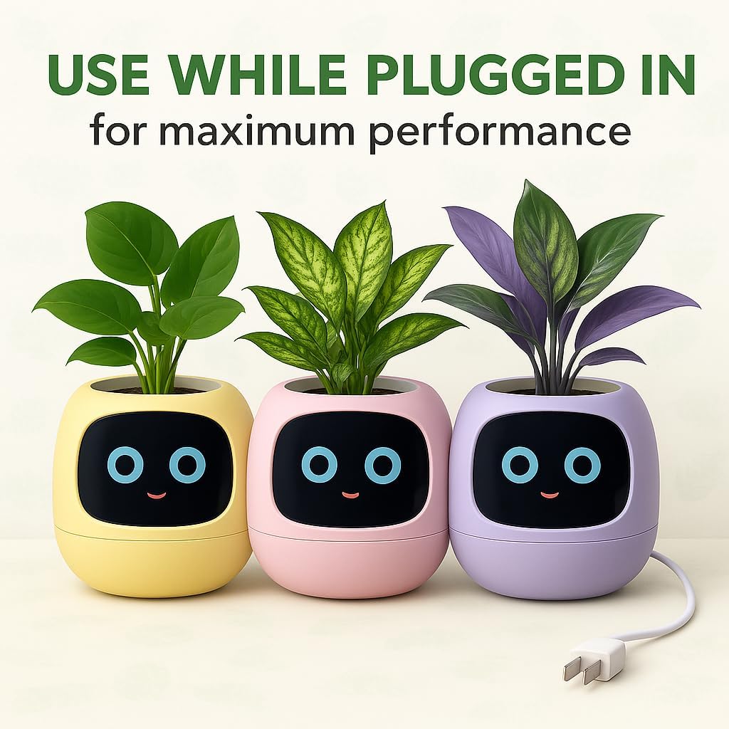 Interactive Plant Pot – Smart Planter, AI Pet Plantagotchi, tamagotchi, Leafypod and Plantiboy, Robot Flower with Feelings, Electric Maceta, Indoor Flowerpot with Water, Digital Gifts (White)