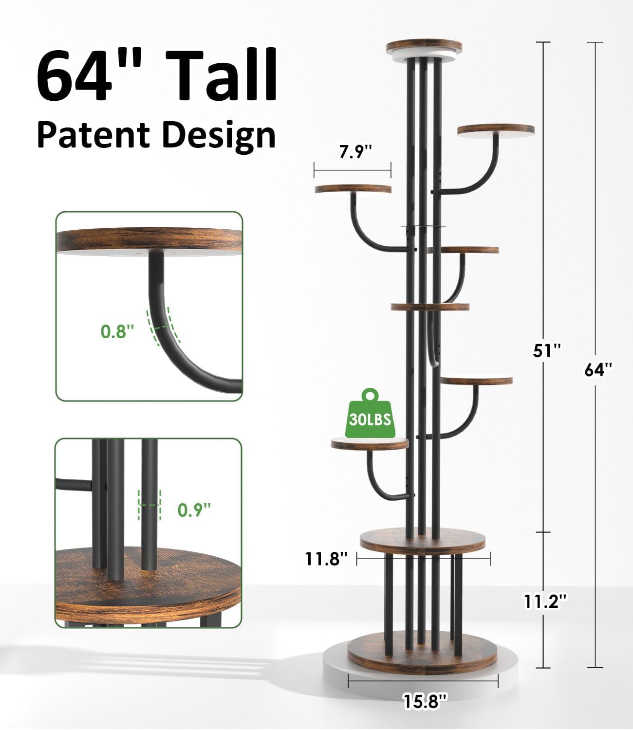 64" Tall Indoor Plant Stand with Grow Light, 9 Tier Metal Rotating Plant Shelf, Adjustable Tree-Shaped Plant Display Rack for Living Room, Bedroom, Office, Balcony