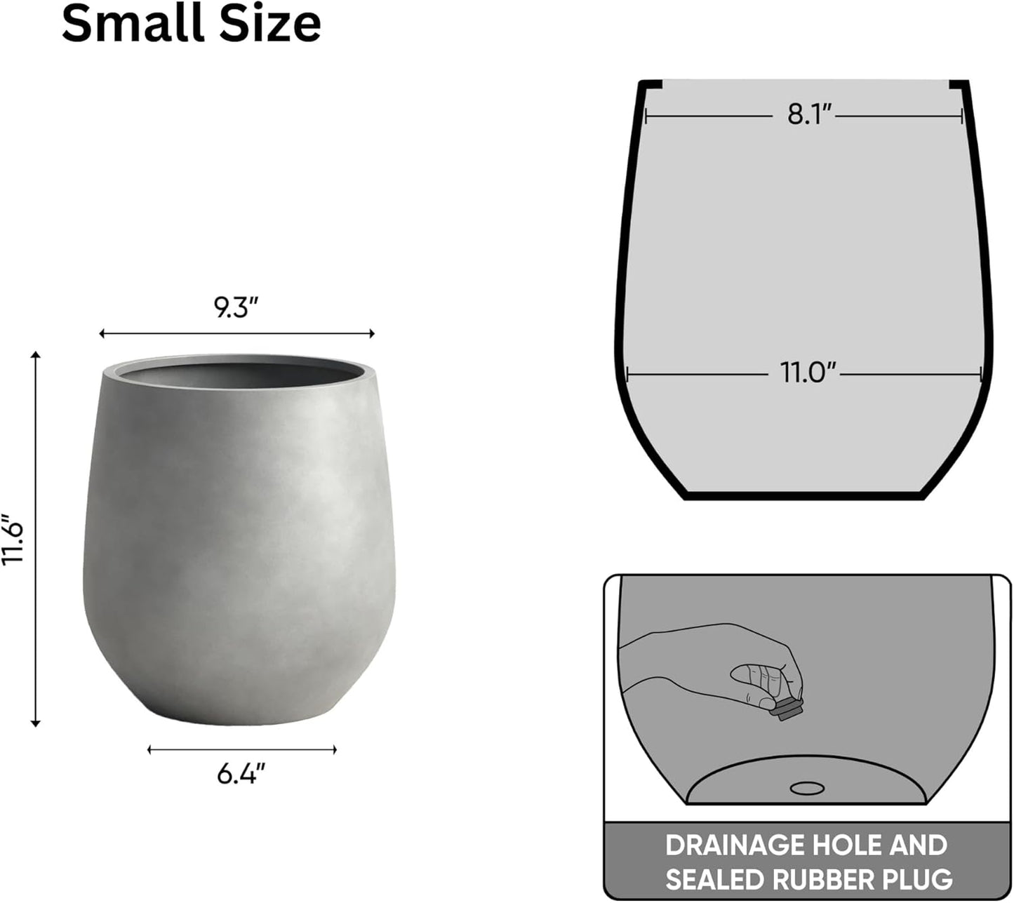 DTY Signature Mount Wilson Lightweight and Durable Modern Fiberstone Tapered Planter for Indoor Outdoor, Drainage Hole & Rubber Plug, Weather Resistant, 11.8" H x 11" Dia, 8" Opening - Small, Gray