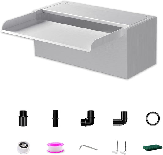 Pond Waterfall Spillway LONGRUNNEW 304 Stainless Steel 11.8" Rectangular Waterfall Spillway, Water Fall Fountain with Pipe Connector for Garden Outdoor, Swimming Pools, Fountains, Pond and Spa