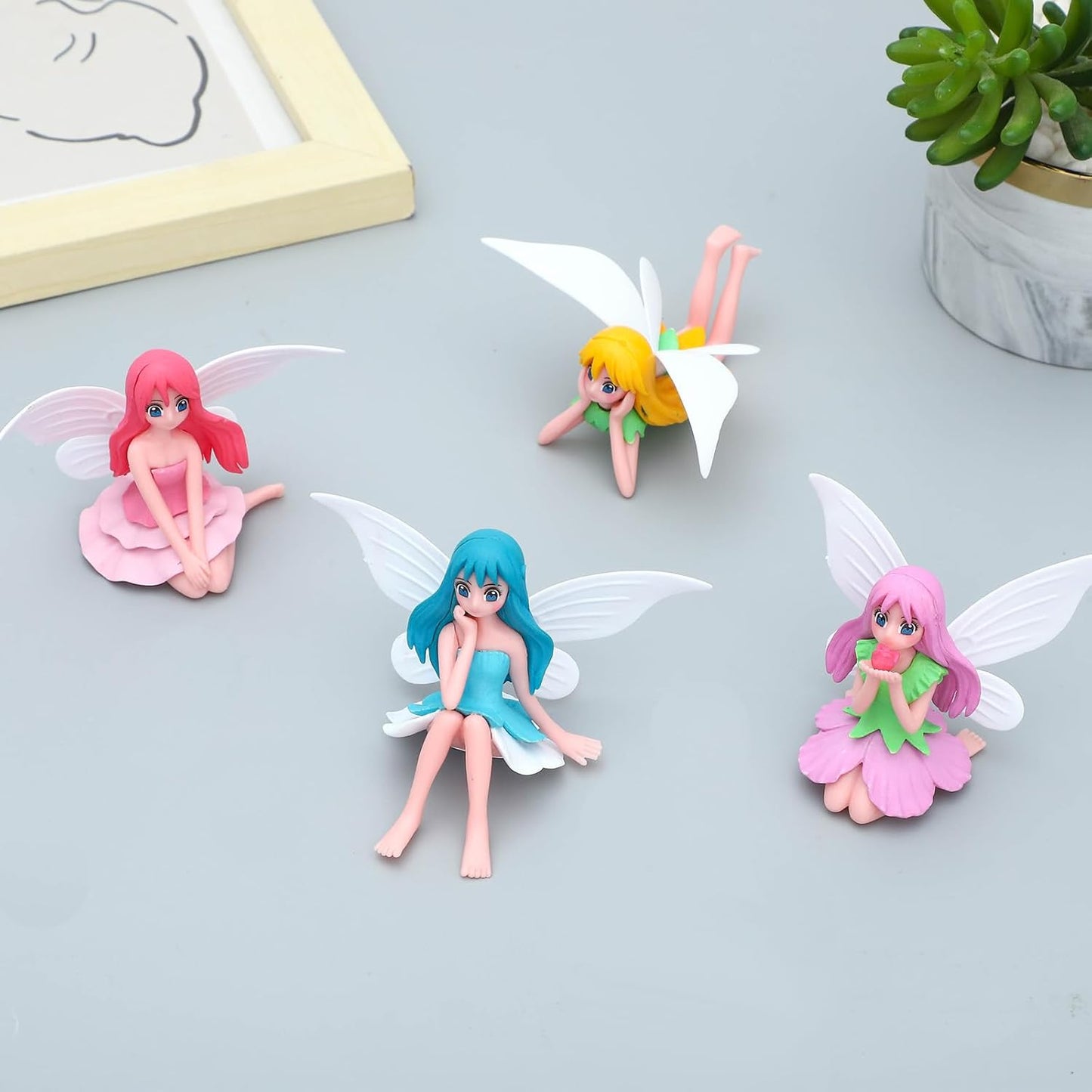 ONEST 4 Pieces Miniature Fairy Garden Accessories Small Fairy Figurines Hand Painted Fairies Figures Girl Fly Wing Figurines for Car Decor Fairies Garden Flower Pot Birthday Cake Topper