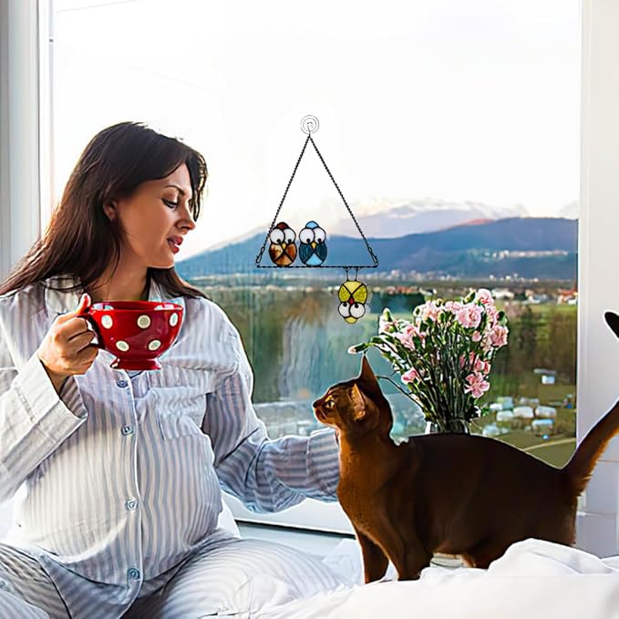 Owl Bird Gifts for Bird Lovers Stained Glass Suncatchers for Windows,Bird Decor Stained Glass Window Hangings,Owl Ornament Housewarming Gifts Owl Gifts for Women Owl Lover