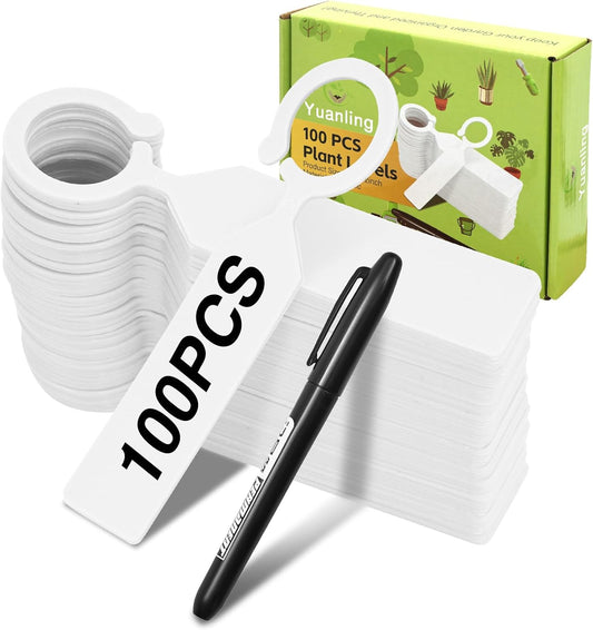 Plant Labels Yuanling 100Pcs Plastic Waterproof Plant Tree Tags Nursery Garden Markers for Indoor Outdoor Gardening Plants Vegetables Flowers Potted (White Color with 1 Marker Pen)