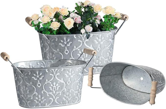 Galvanized Oval Planter Tubs for Outdoor Plants - Farmhouse Small Metal Tin Buckets with Drain Hole & Rubber Plug Medium Plant Containers with handles vintage style for decor, Set of 3(Flower Pattern)