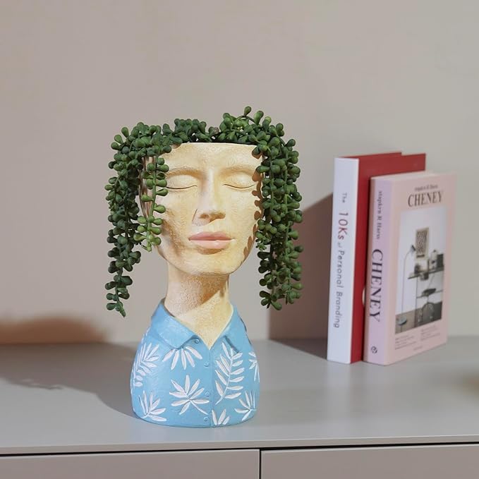 DiliComing Face Planter Pot Head Planter - Unique Planters Resin Male Bust Outdoor Planter Blue Head Planters for Indoor Plants Flower Pot Planter with Face Cute Plant Pots 5 x 6 x 10.5 Inch