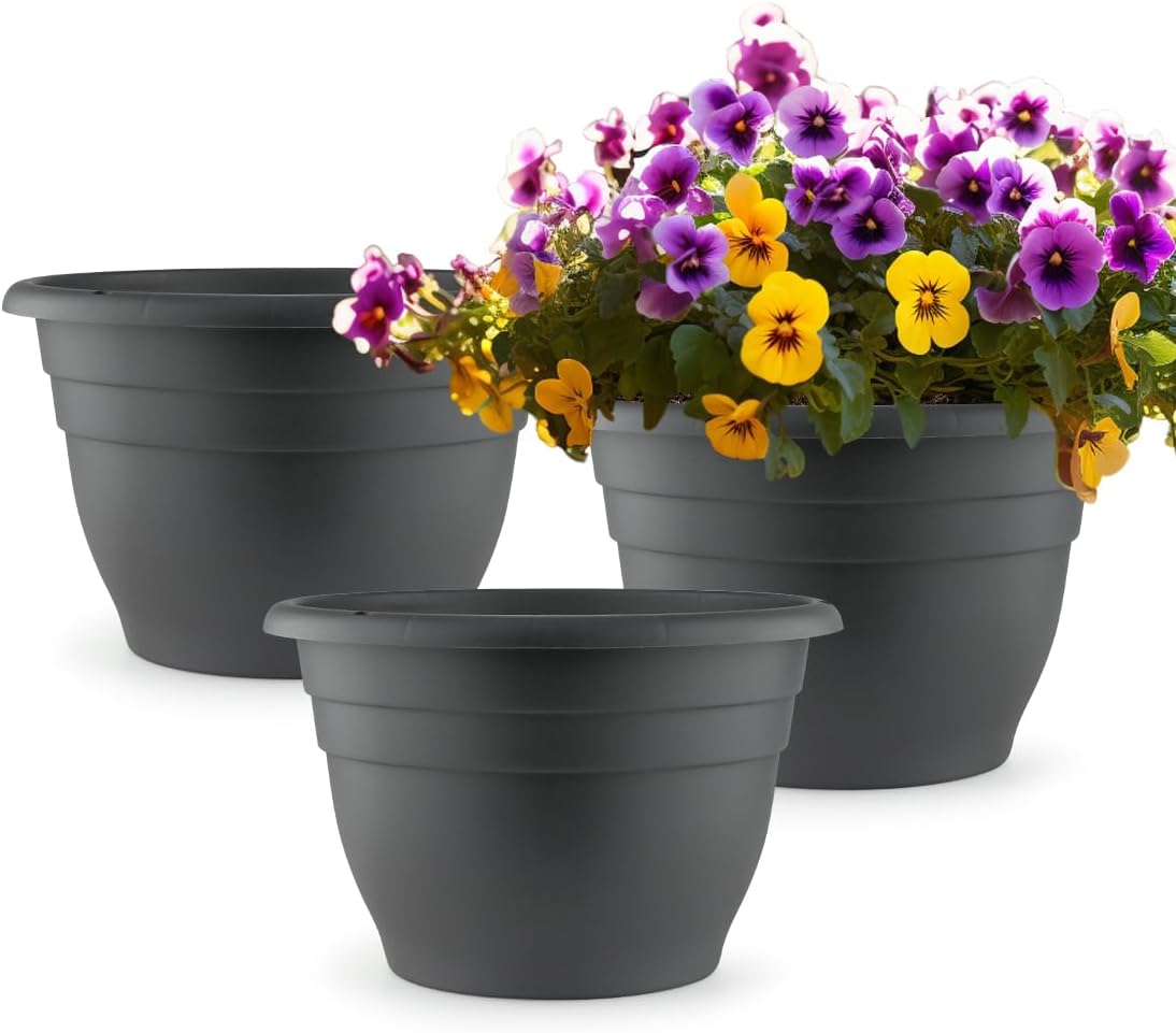 3 Pack 11 Inch Plant Pots with Drainage Hole and Plug, Durable Plastic Flower Pots for Indoor & Outdoor Plants, Elegant Mordern Plant Pots Perfect for Herbs, Flowers & Succulents, Gray