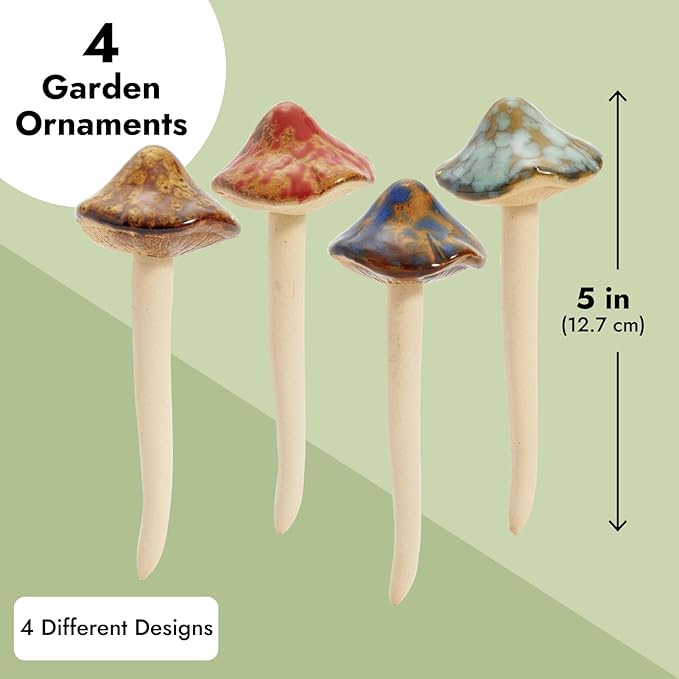 Juvale 4 Pack 5-inch Ceramic Mushroom Plant Garden Ornament and Decor - Outdoor Decoration Stakes for Planter Pots