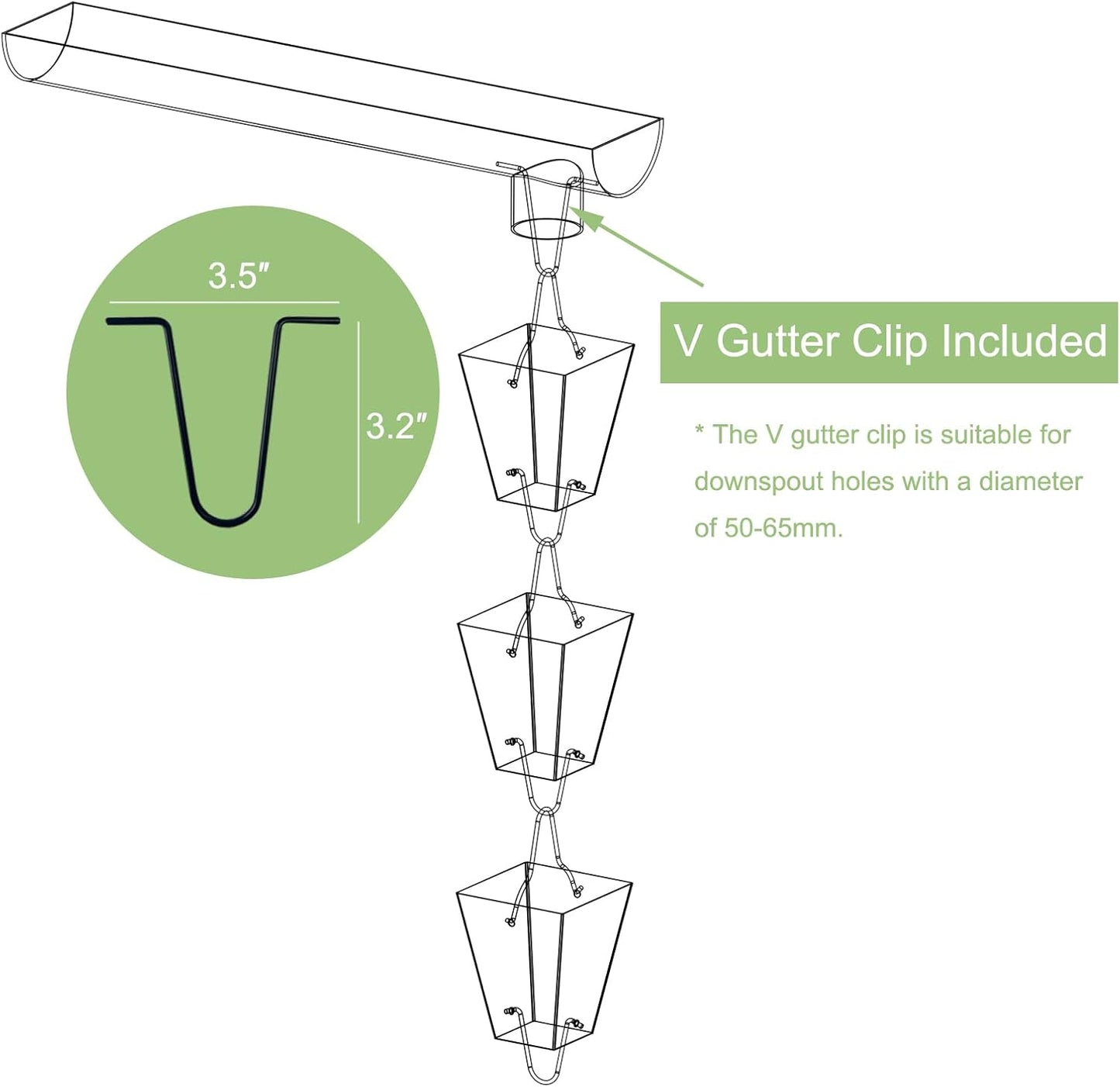 TE DEUM Square Link Rain Chain, 8.5 Feet Length, 3.7inch Big Size Cup, Black Powder Coated, Functional and Decorative Replacement for Gutter Downspouts, V Gutter Clip Included, Black
