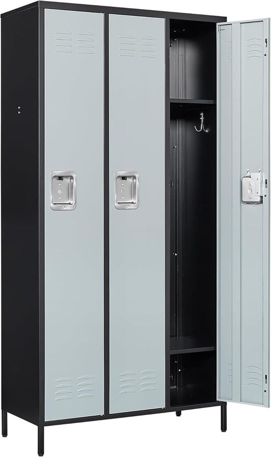 Metal Locker with 3 Doors Employees Locker, Metal Storage Locker with Hooks, 71" Storage Cabinet Lockers for Employees, Home, Office, Gym Requires Assembly (3 Doors, Black Grey)