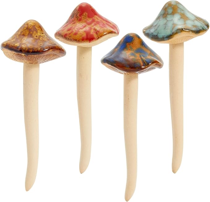 Juvale 4 Pack 5-inch Ceramic Mushroom Plant Garden Ornament and Decor - Outdoor Decoration Stakes for Planter Pots