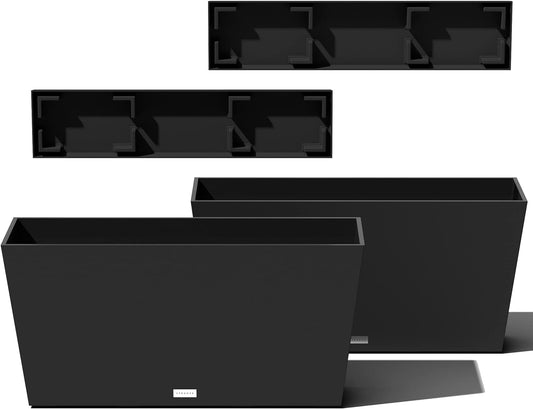 Veradek Midori Long Trough Planter (Black, 31 inch - 2 Pack with 2 Saucer Trays)