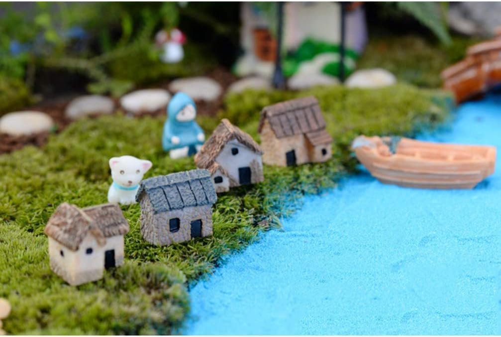 4 Pcs Miniature Fairy Garden Stone House Set - Resin Moss Cottage for Home & Outdoor Decor, Micro Village Thatched Huts, Bonsai Terrarium Crafts, Desk Ornaments for DIY Landscape