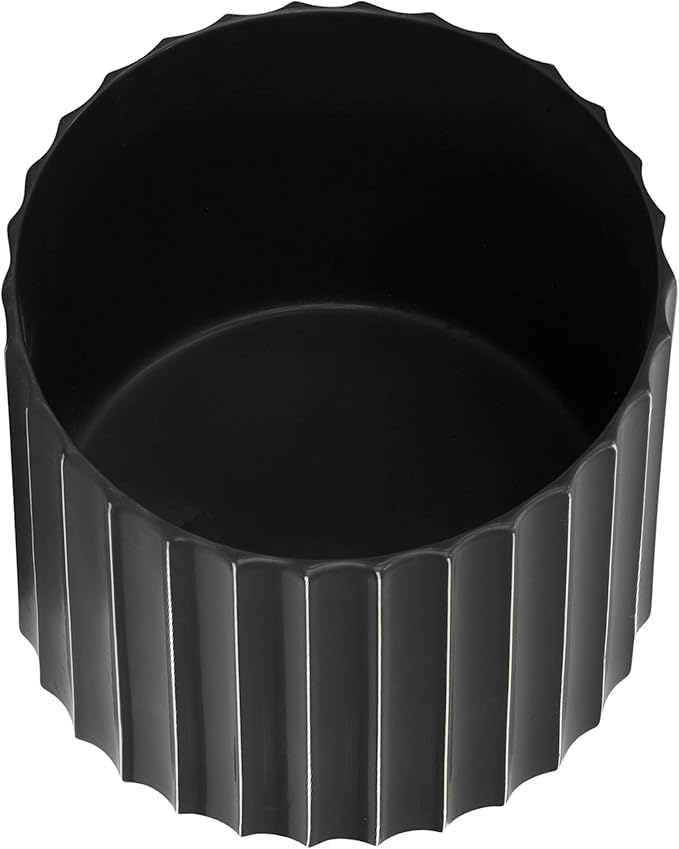 Sagebrook Home 8" Ceramic Planter - Black Planter Elevated on Wooden Stand with Fluted Design - for Indoor or Outdoor Plants, Great Gift Idea for Plant Lovers