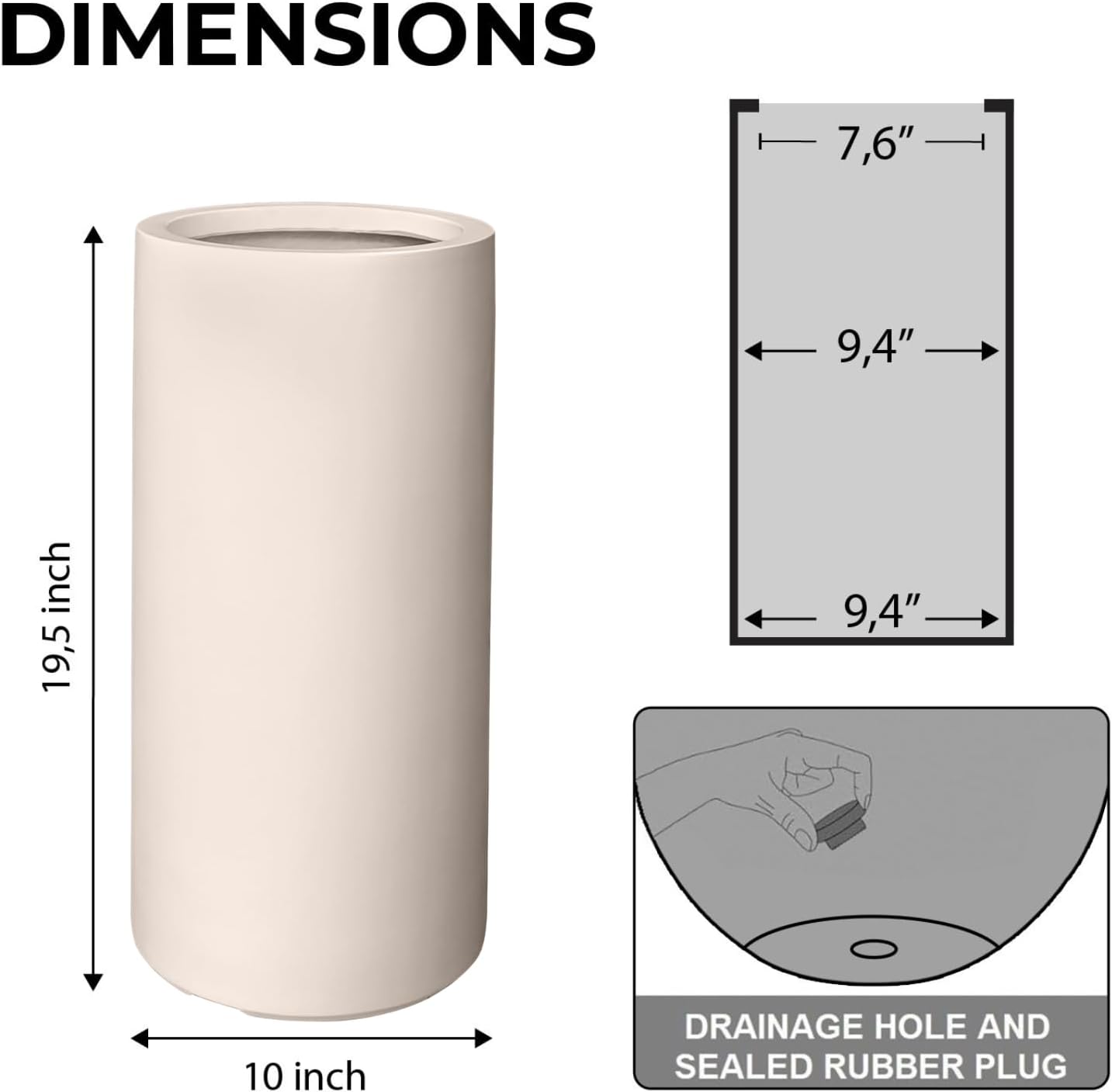 19.5" H x 9.8" D Tubo Fiberstone Cylinder Tall Planter with Drainage Hole, Smooth Finishes, for Indoor and Outdoor Use, Included 2 Extra Coco Mats (Kilim Beige, 8.2" Pot Opening)