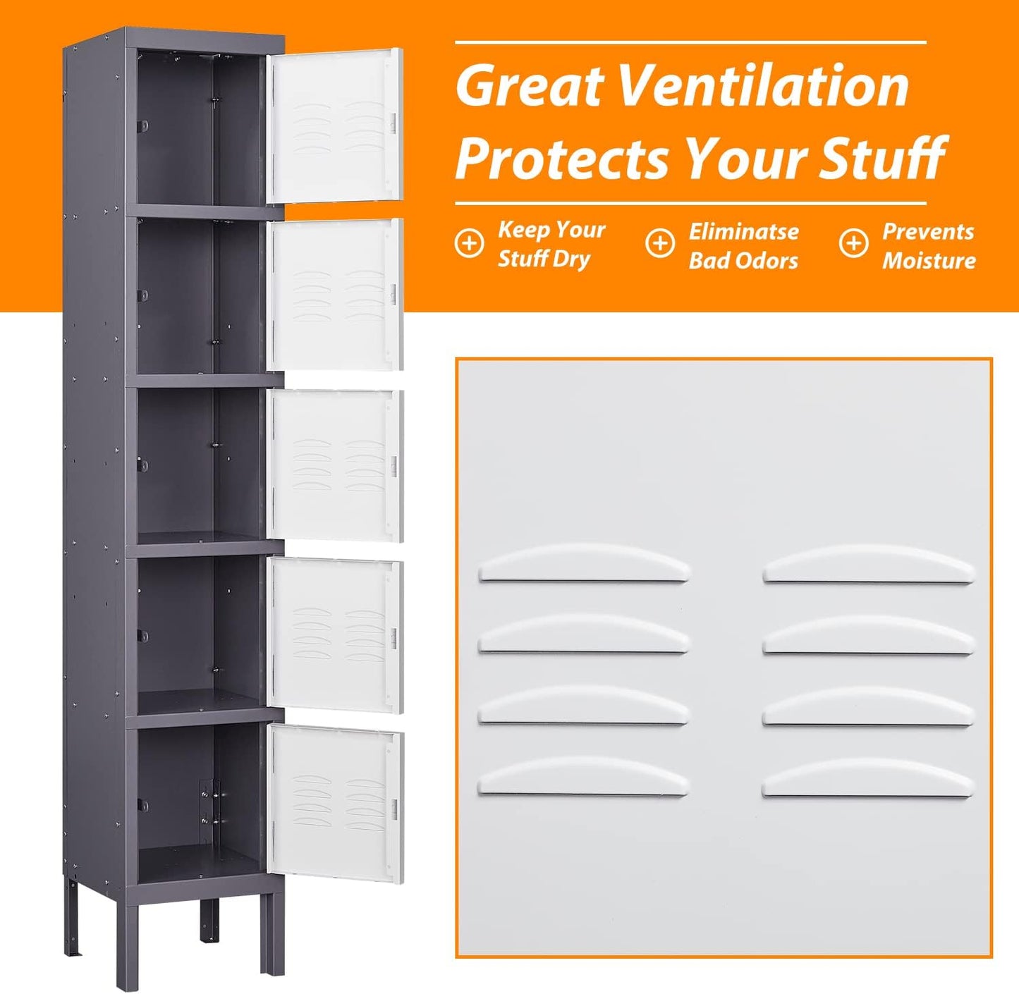 Metal Locker with 5 Doors, 5 Tier Locker Steel Employees Lockers, Tall Steel Storage Lockers for School, Home, Office, Gym(Grey White), (ML-0721)