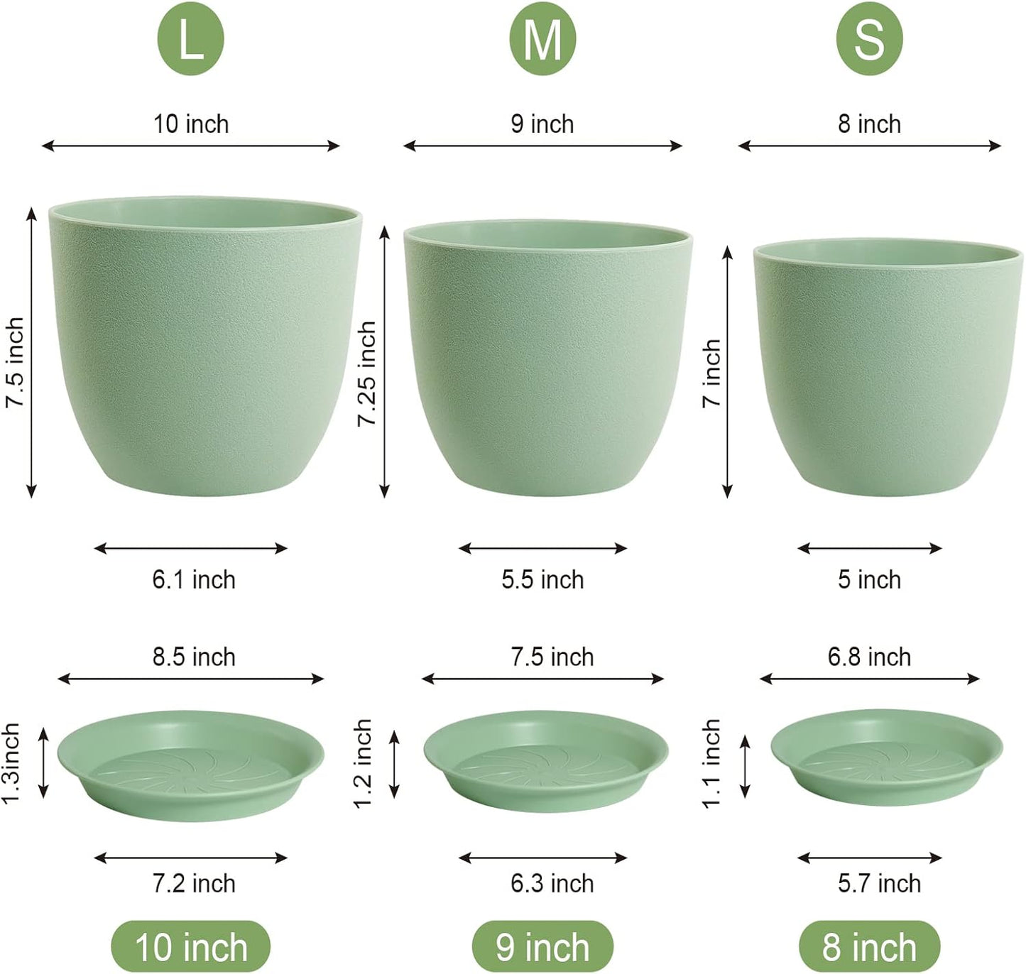 Medium Plant Pots 10/9/8 inch, Flower Pots for Indoor Outdoor Plants, Set of 3 Modern Decorative Plastic Planters with Drainage Holes and Saucers for House Porch Garden Plants, Green