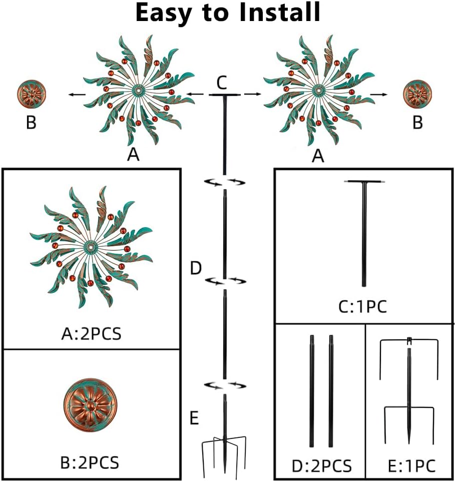 DREAMSOUL 13" Dia Wind Spinners Outdoor with 5 Prong Stakes, Kinetic Wind Spinner Metal Spinners for Yard and Garden