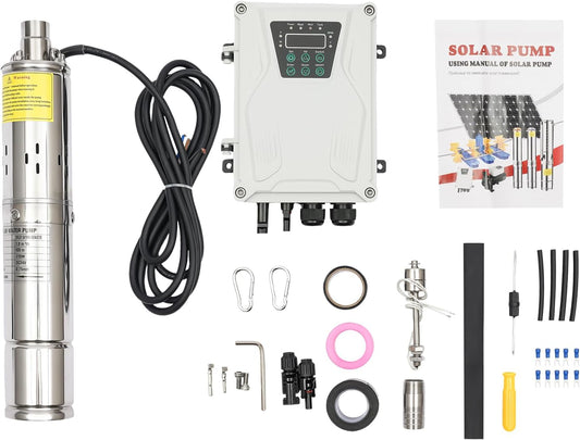Solar Water Pump, 24V 270W 3In DC Submersible Pump Stainless Steel Deep Well Pump Irrigation Kits with MTTP Controller Float Switch for Home Industry, Garden Irrigation, Farm Ponds (24V 270W)