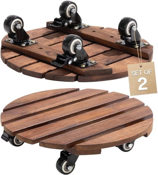 Idzo 2-Pack 14 Inch Acacia Wood Plant Caddy with Wheels – Heavy-Duty Plant Dolly with 264 Lbs Capacity, 360° Lockable Wheels for Large Plant Pots, Heavy Objects, Ideal for Indoor and Outdoor Use