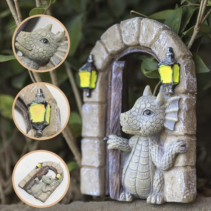 Dragon Garden Ornament Resin Craft Ornament Statue Fairy Door Yard Art Outdoor and Garden Solar Light Luminous Sand Open Door Dragon Wall Statue Outdoors Decor (Open The Door)