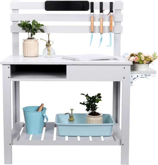 Potting Bench Outdoor Potting Table—All-Weather Kids Solid Wood Garden Work Station with Sink、Hooks、3Flower Pots, Weather Proof（White Grey, Large）