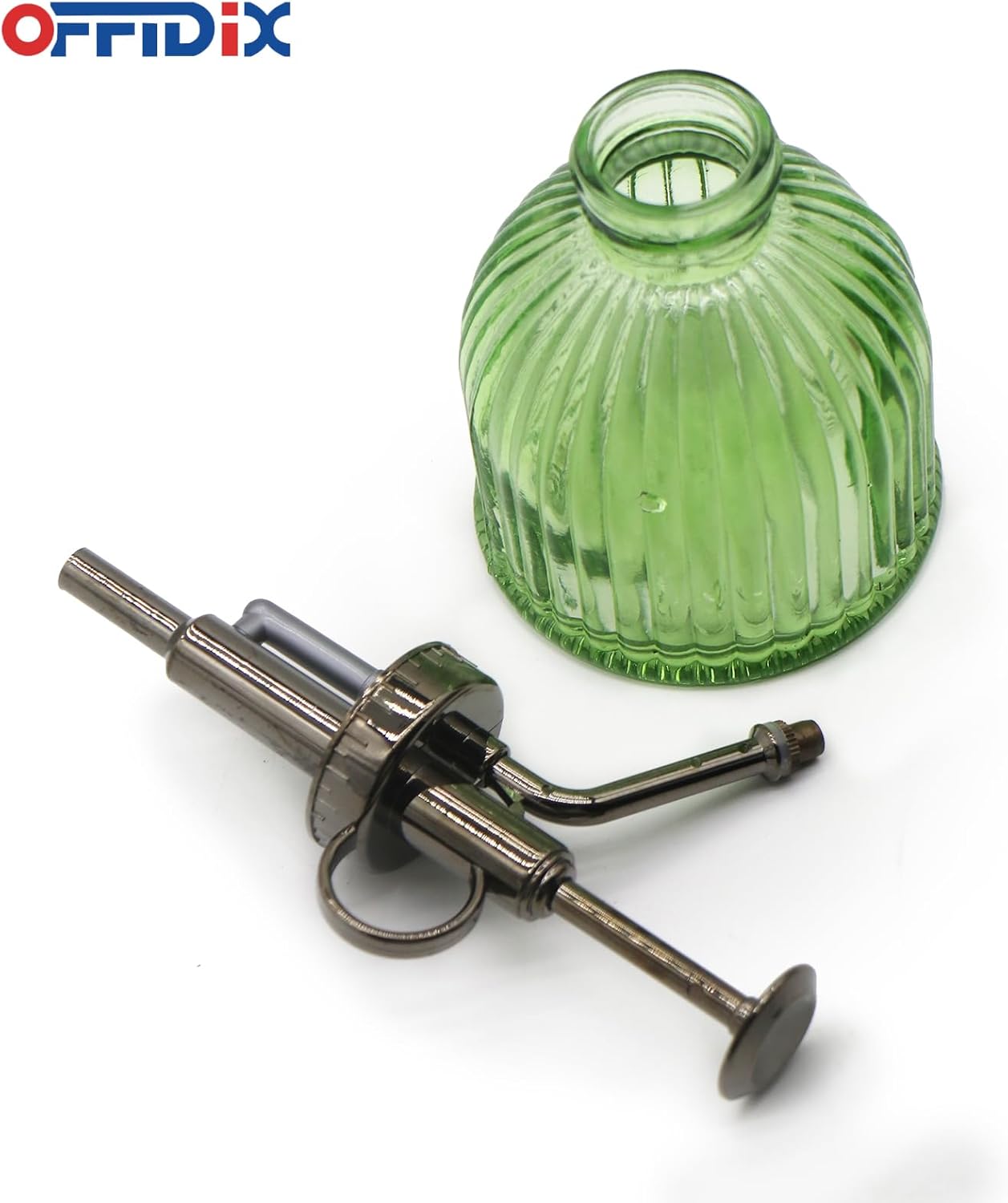 OFFIDIX Glass Plant Mister, 6.3 Inches Tall Vintage Style Spritzer Bronze Plastic Top Pump One Hand Watering Can Indoor Plant Spray Bottle for Garden, Plants, Cleaning (Light Green)