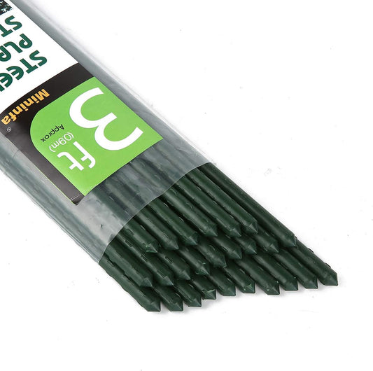 Mininfa Steel Plant Stakes 3 Feet, Plastic Coated Metal Garden Stakes Supports Climbing for Tomatoes, Trees, Beans, 25 Pack