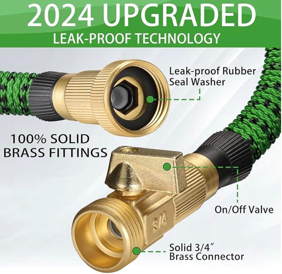 J&B XpandaHose 50ft Expandable Garden Hose with Holder - Heavy Duty Superior Strength 3750D - 4 -Layer Latex Core - Extra Strong Brass Connectors and 10 Spray Nozzle w/Storage Bag (Green 50)