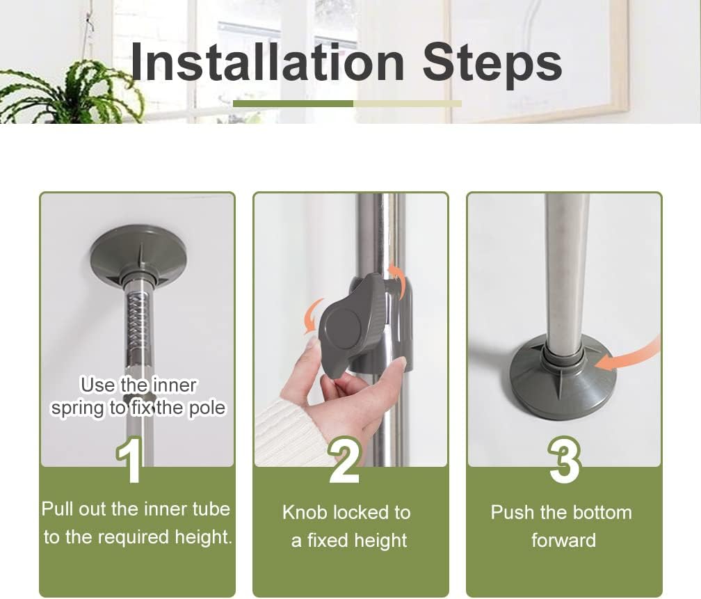 Hershii Expandable Plant Stand Double Tension Poles Holder Indoor Metal Flower Display Racks Floor to Ceiling Tall Decorative Storage Shelf with 12 Trays, 2 Arms & 1 Hanging Rod - Grey