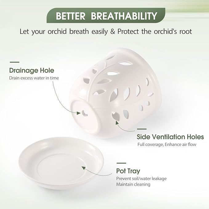 Orchid Pot with Holes & Saucers, 6.1 inch Ceramic Large Orchid Planter for Repotting, Flower Plant Pot with Drainage for Indoor Outdoor Home Decor, White