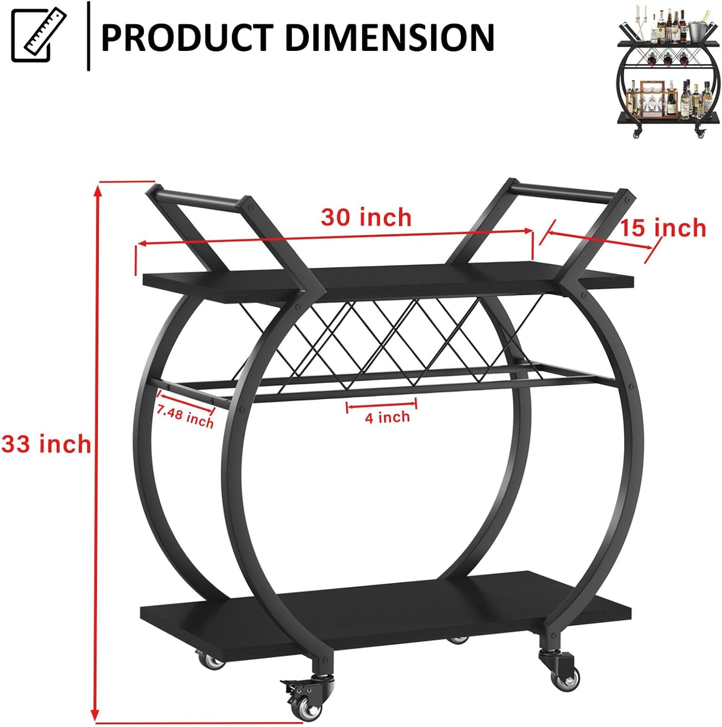 LVB Black Wine Cart with Wheels, Modern Bar Cart with Wine Rack, Industrial Beverage Rolling Kitchen Serving Cart with Storage, Metal Wooden Microwave Drink Liquor Cart for Home Dining Room, Black Oak