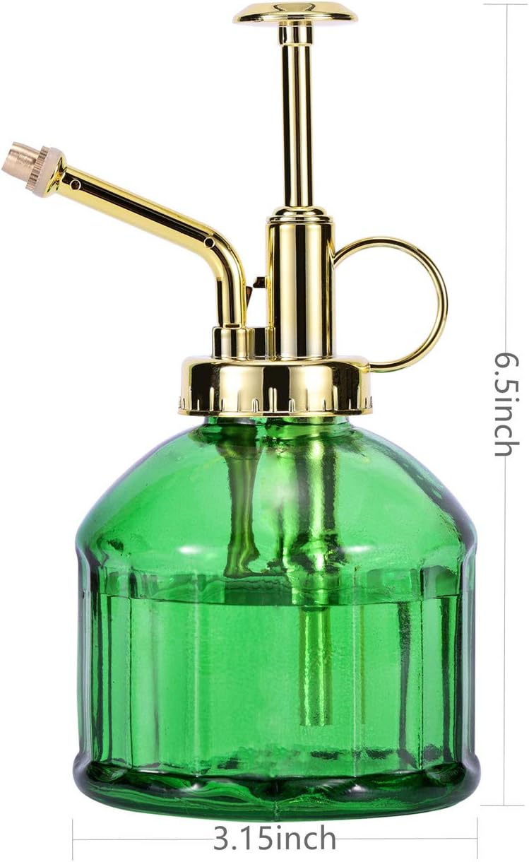 Glass Plant Mister Spray Bottle, 6.5" Green Glass Water Spray Bottle with Gold Top Pump Small Watering Can, Small Plant Sprayer Mister for Indoor Outdoor House Plant, Green+Gold (Green+Gold B)